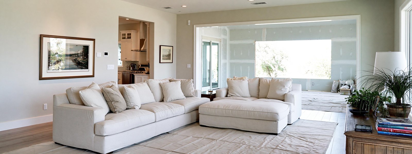 View from a finished living room through a wide new opening into a room addition hung in pale gray drywall board with its joints taped in straight bands of chalky white compound, a canvas drop cloth across the swept floor of both rooms