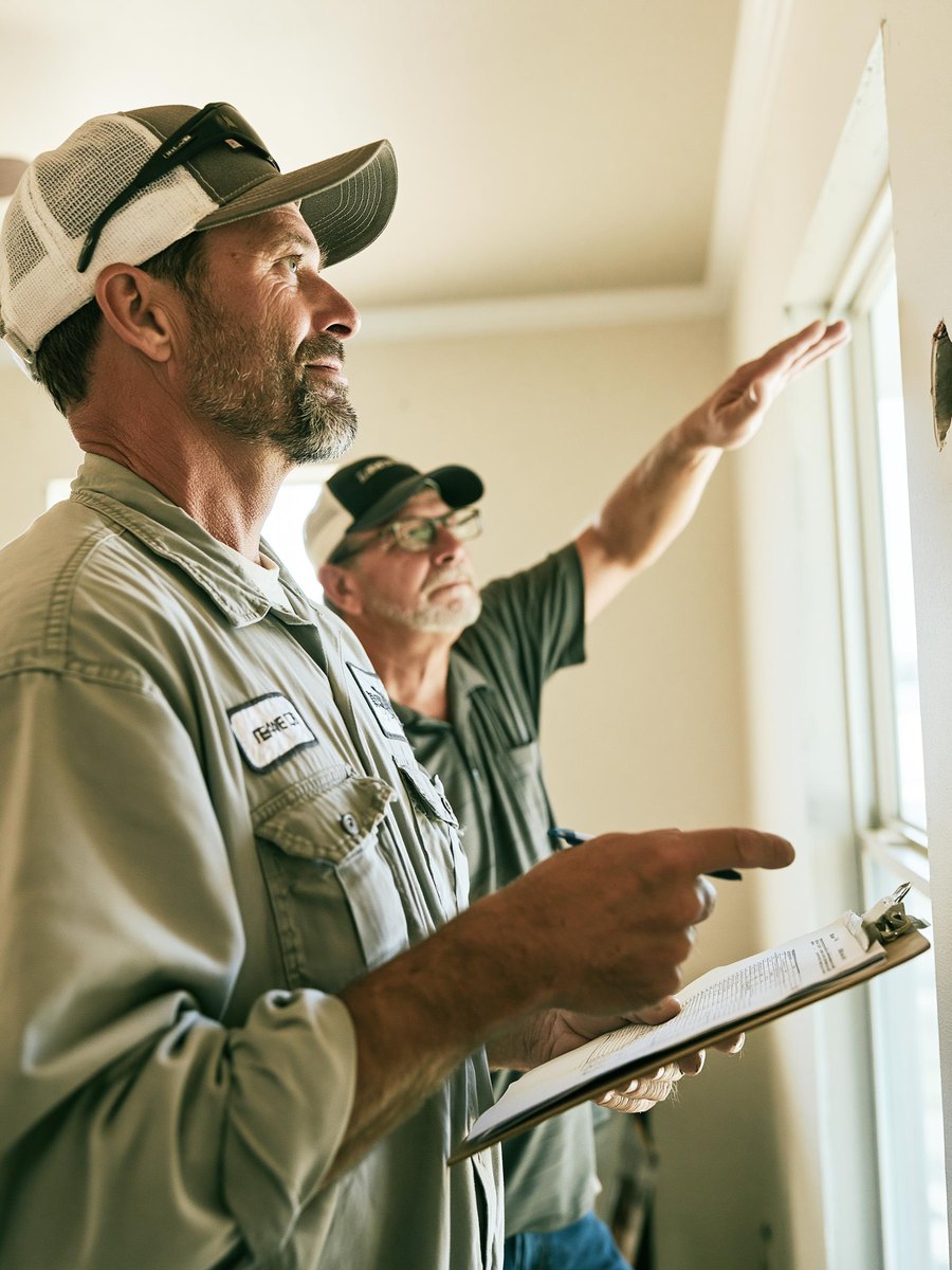 Drywall contractor in a work shirt and cap standing at a living room wall with his hand raised to the surface, showing the homeowner where the repair goes, both of them looking at the wall, bright daylight from a tall window