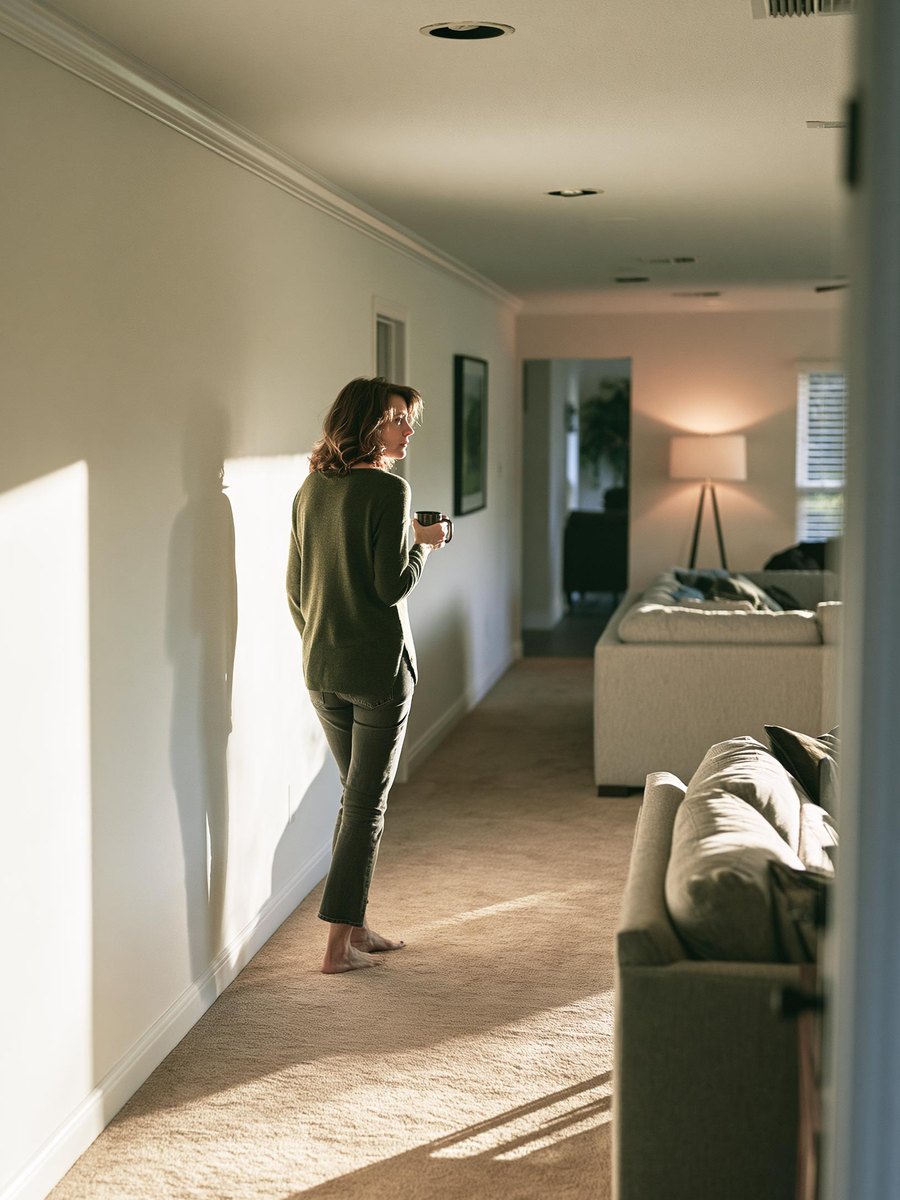 Homeowner holding a coffee mug in her own living room, standing a few steps from a long wall painted a warm off white and looking along it in late afternoon light, a sofa and a floor lamp behind her
