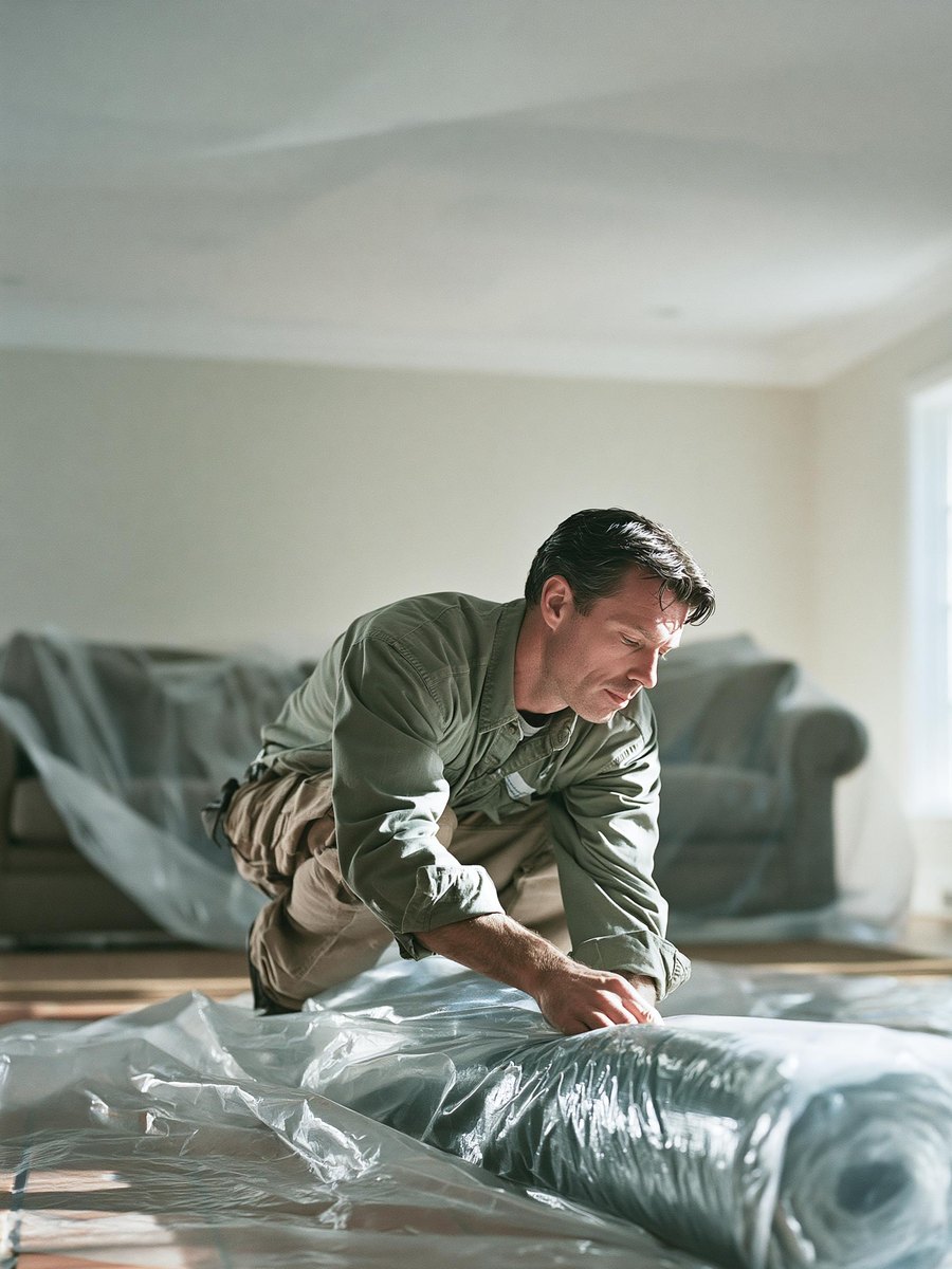 Man in a work shirt crouched on a swept tile floor at the end of the day, rolling up the floor plastic into a bundle, the newly flattened ceiling overhead carrying its first fresh coat of white and a sofa back in its place and still half sheeted behind him