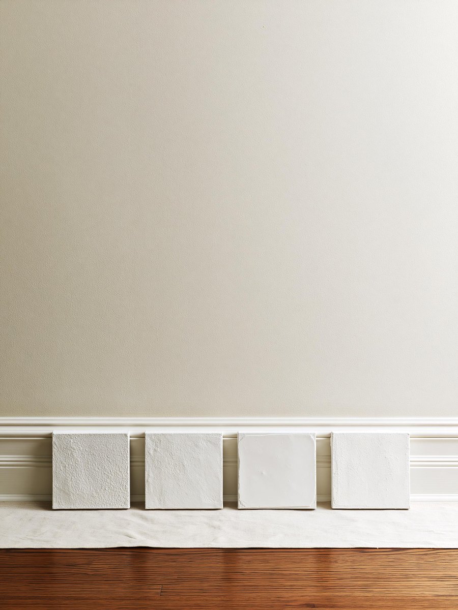 Four small square sample boards standing in a row against the baseboard of a wall painted a warm off white, each carrying a different unpainted white sprayed drywall finish, a canvas drop cloth under them and the floor swept