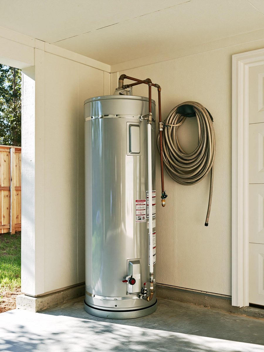 Water heater standing in the corner of a finished garage, the interior walls behind and beside it finished in drywall, taped and painted a warm off white right into the corner, the ceiling above finished and even and the concrete floor swept