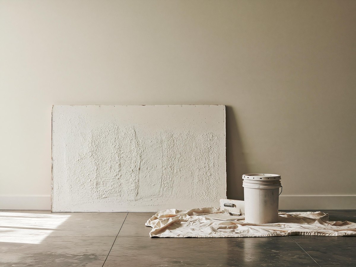 Scrap piece of drywall leaning against a finished wall painted a warm off white, several sprayed test patches of unpainted white orange peel texture in a neat row across the scrap, each a slightly different spatter size, a lidded bucket and a mud pan standing on a clean canvas drop cloth beside it