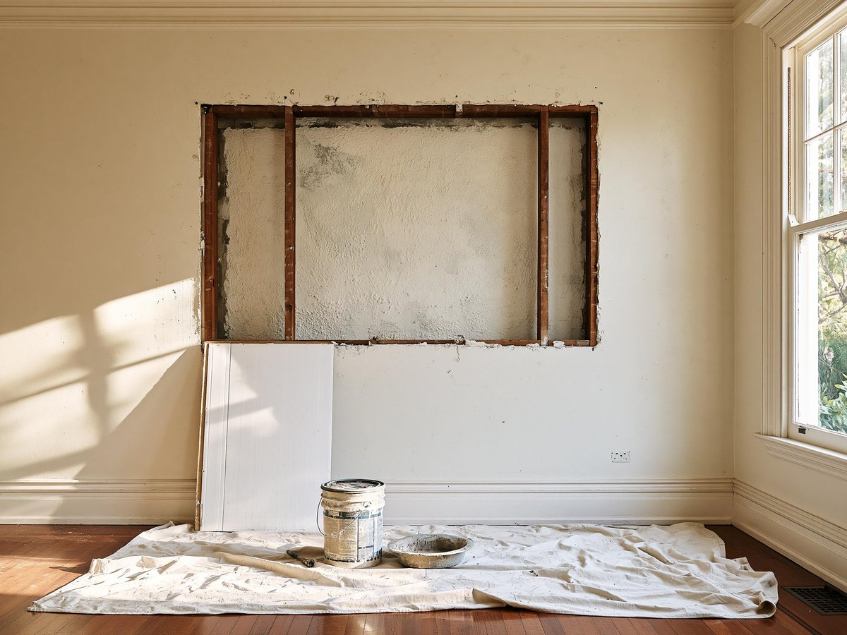 Section of a knockdown textured living room wall cut open in a clean straight rectangle back to two clean studs, the cavity behind clean and dry, the removed piece of board standing against the baseboard, a lidded bucket and a mud pan on a canvas drop cloth below