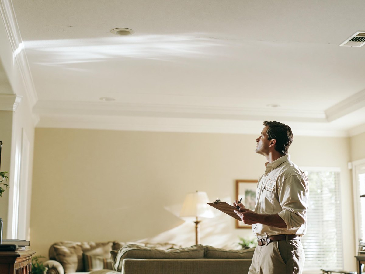 Drywall contractor standing at the far side of a furnished living room with a clipboard in one hand, sighting across the flat white ceiling at eye level rather than up into it, a shallow dip in the ceiling catching the light in front of him