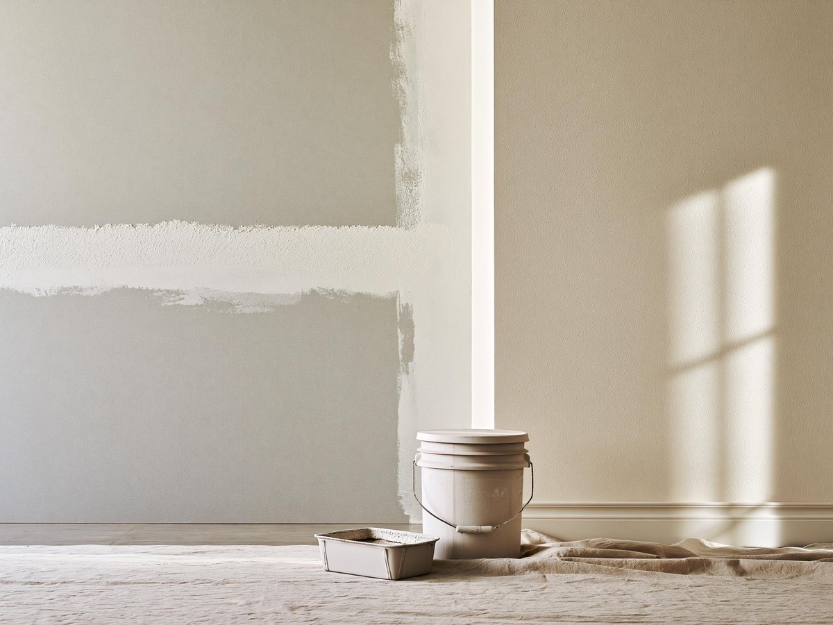 Inside corner where a new wall of pale gray drywall board meets an older wall painted a warm sand off white, the join taped and spread in one wide band of chalky white compound feathered into the old paint, a mud pan and a lidded bucket on a canvas drop cloth below