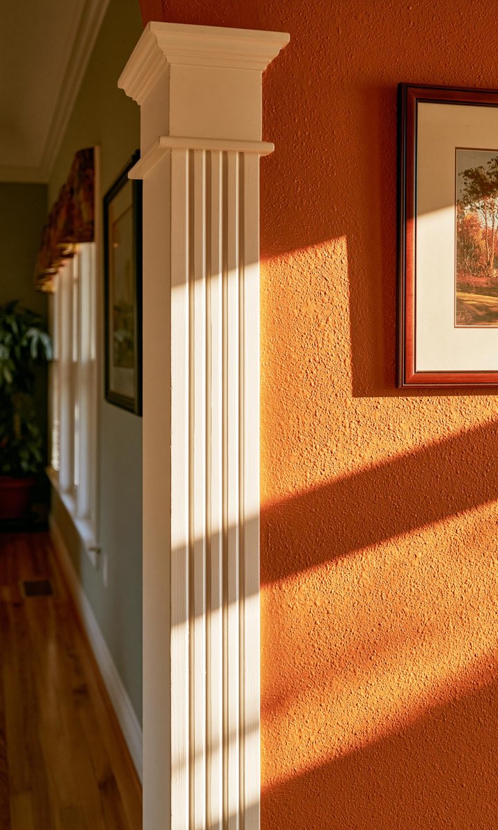 Upper corner of a white painted door casing meeting an orange peel textured wall, low sun raking across the texture from the side