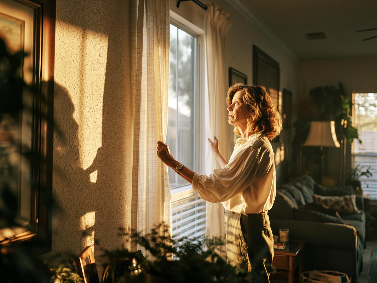 Woman pulling a curtain back from a tall window in a furnished living room, late daylight raking along the orange peel textured wall beside her, the wall painted a warm sand off white