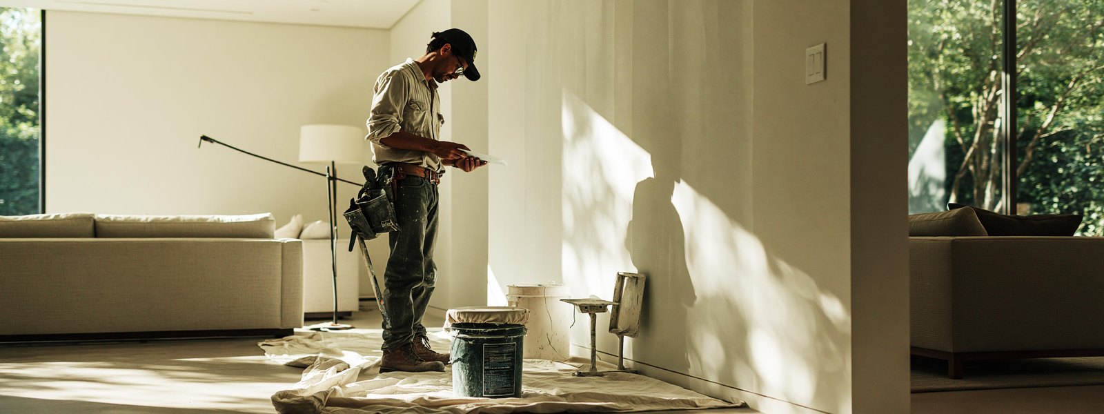 Drywall contractor in a work shirt and tool belt standing back in a furnished living room with one hand on an armchair, reading the long knockdown textured wall beside him, a lidded bucket and a mud pan standing on a canvas drop cloth at the foot of it