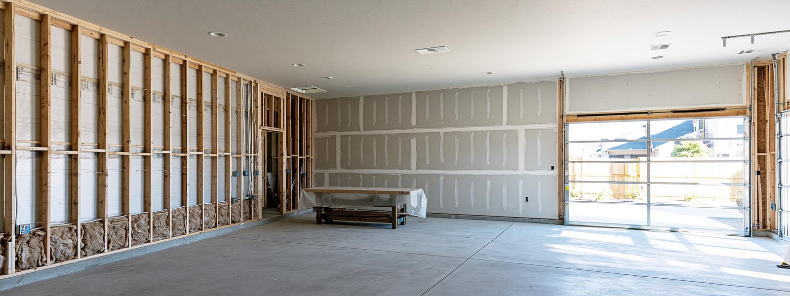 Two car garage half boarded out, one wall standing in bare studs with insulation between them and the next hung in pale gray board with its joints taped in chalky white compound, the sectional door open to daylight and the concrete floor swept clean