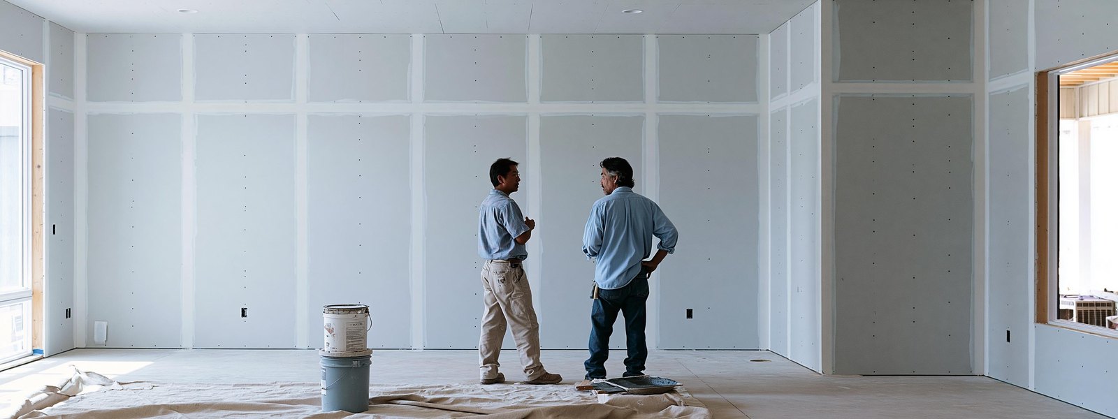 Long interior wall of pale gray drywall board with the joints taped in straight feathered bands and the board bare between them, two finishers in work shirts standing back from it in conversation, one pointing along a joint and the other following where he points