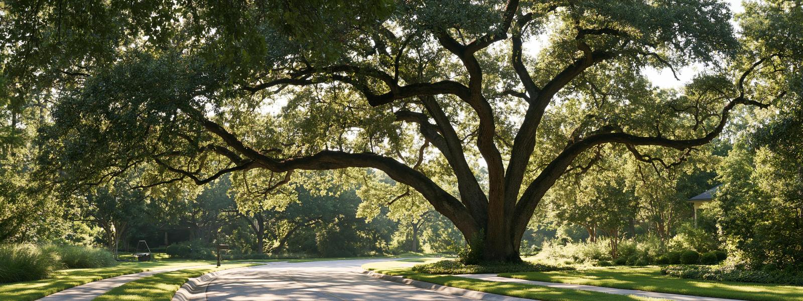 Mature live oak standing in the middle of a residential roadway with the curb and sidewalk parting around its trunk, dappled light falling through the canopy and the shaded road below it plain and empty