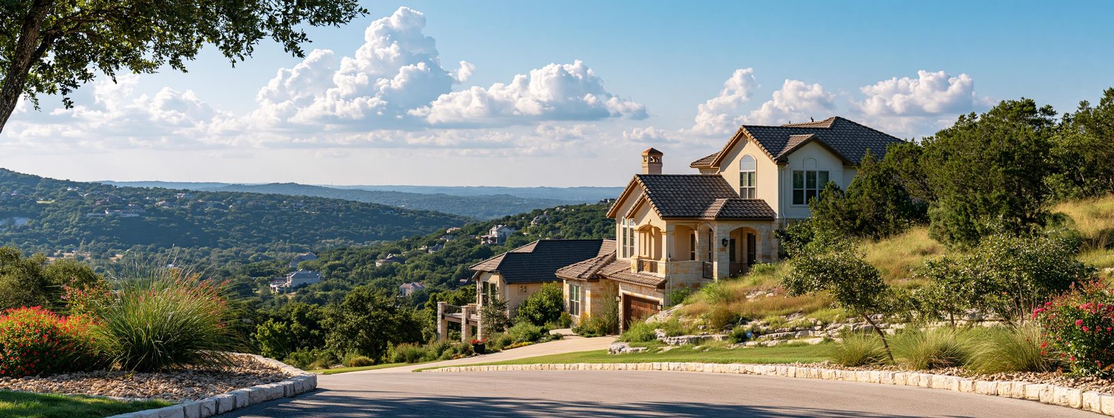 Newer two story houses stepped up a limestone hillside, ashe juniper holding the slope below them, mid-morning sidelight and a wide unbroken sky above
