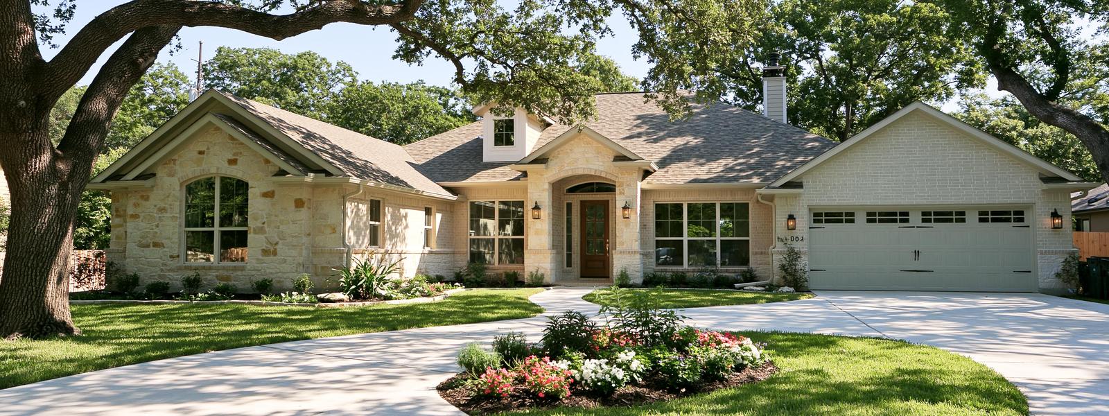 Single story house faced in buff limestone and pale painted brick under a shingled roof, an arched front door between tall windows and an attached two-car garage to one side, a curved concrete driveway around a planted island of red and white flowers, live oaks arching over the frame in bright daylight