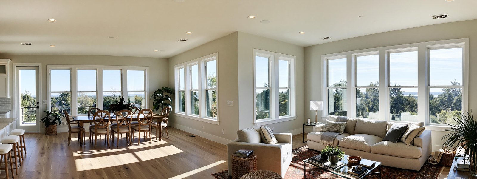 Wide view from one corner of a finished open living room, the flat white ceiling running unbroken across the frame above walls painted a soft greige, a sofa and a rug on a pale wood floor at the far end and the middle of the room left open
