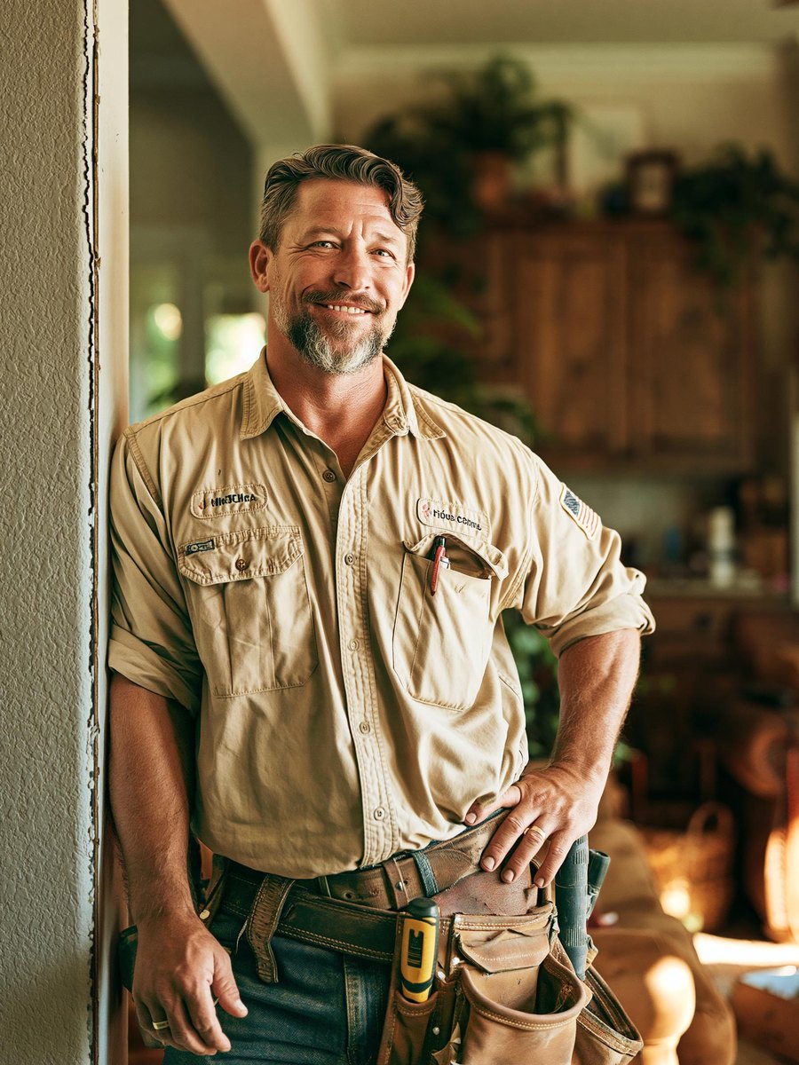 Drywall contractor in a work shirt and tool belt beside a knockdown textured wall in a furnished living room, head turned to look along the wall toward a tall window