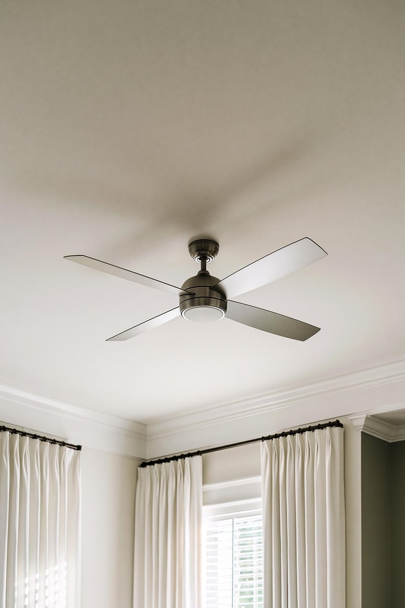 Smooth flat white living room ceiling seen from below with a ceiling fan at the center of it, the tops of tall curtains and a corner of soft greige wall at the edge of the view