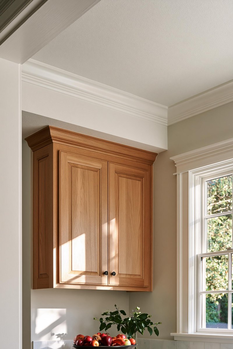 Corner of a kitchen seen from the doorway, an even flat white ceiling meeting the flat white soffit above pale wood cabinets, a pale warm gray wall behind, daylight from one side