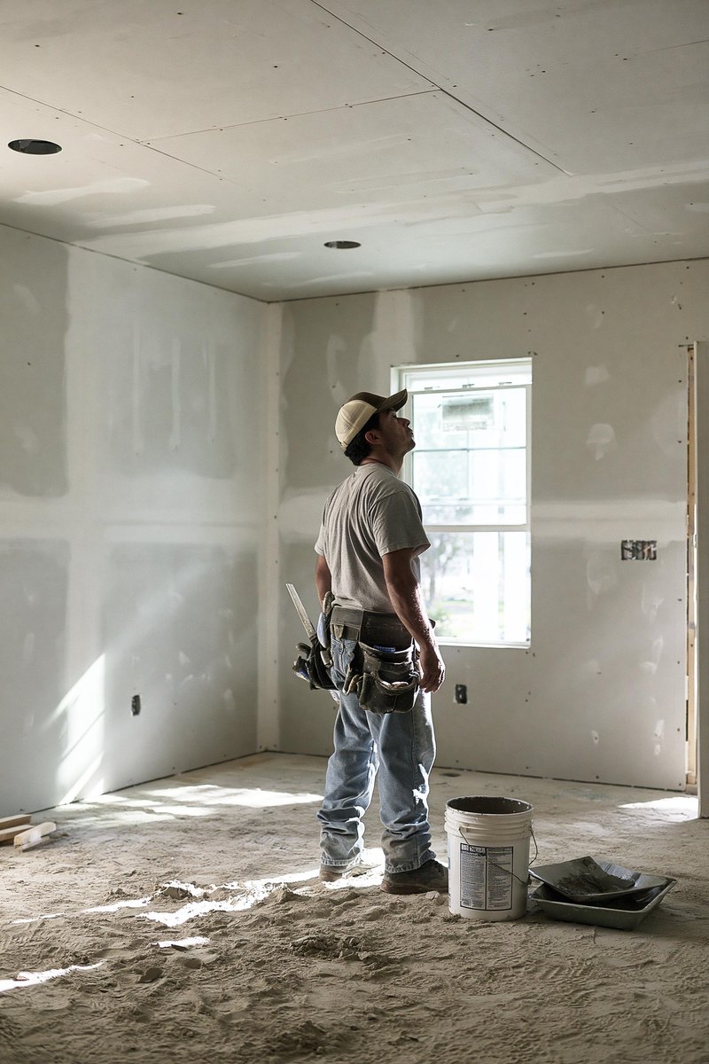 Hanger in a tool belt standing back with one hand on a stepladder in a new room addition, looking up at the open joints in the pale gray drywall he has hung square and flush on the ceiling, a lidded bucket and a mud pan standing on a clean canvas drop cloth beside him
