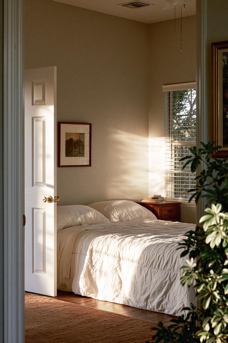 Inside corner of a bedroom seen from the doorway, orange peel textured walls painted a soft greige and reading as one surface behind an open door, a made bed and a nightstand along the next wall