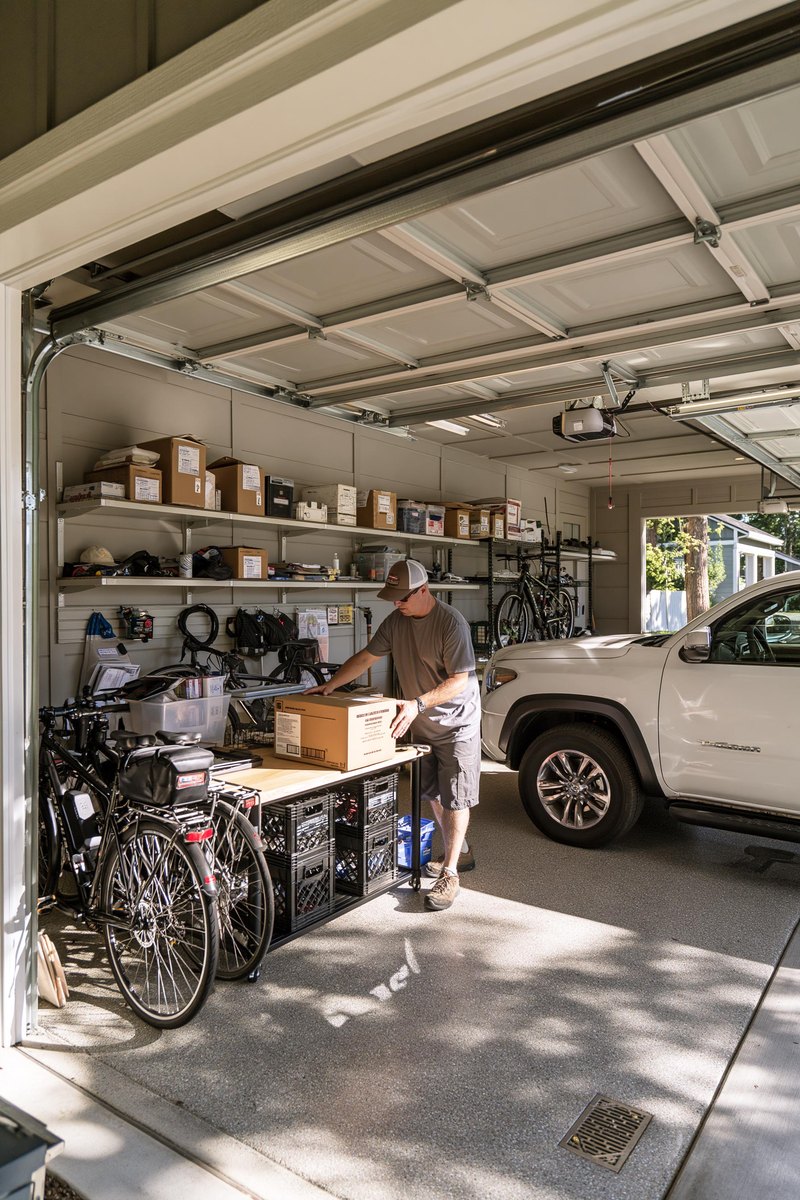 Man in a ball cap setting a cardboard box on a workbench in a finished two car garage with boarded walls painted a pale warm gray and the sectional door open to daylight