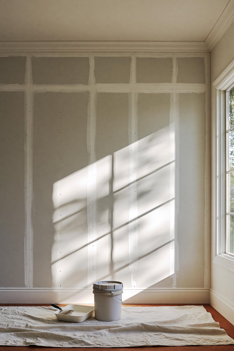 New interior wall of pale gray drywall board with the seams taped in straight feathered bands of chalky white compound and neat rows of filled screw heads, the board clean and bare between them, a mud pan and a lidded bucket standing together on a canvas drop cloth
