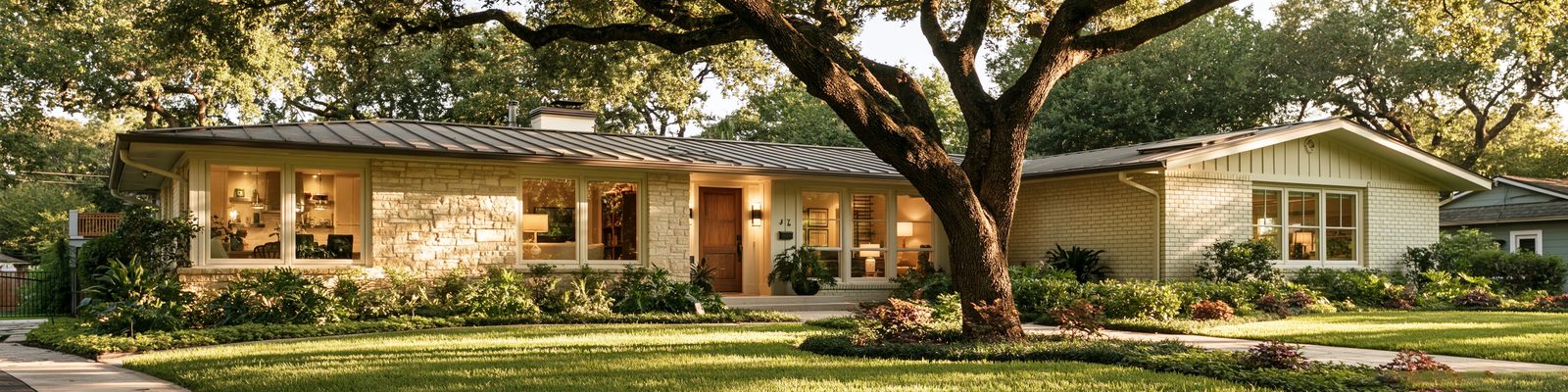 Quiet residential street of single story postwar ranch houses in buff limestone and pale painted brick under arching live oaks, a man at his mailbox in the middle distance, limestone curbs and lawns